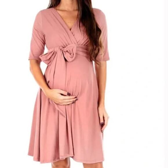 Mother Bee Maternity Coral Wrap Bow Dress Adjustable Belt Stretchy - Picture 6 of 6